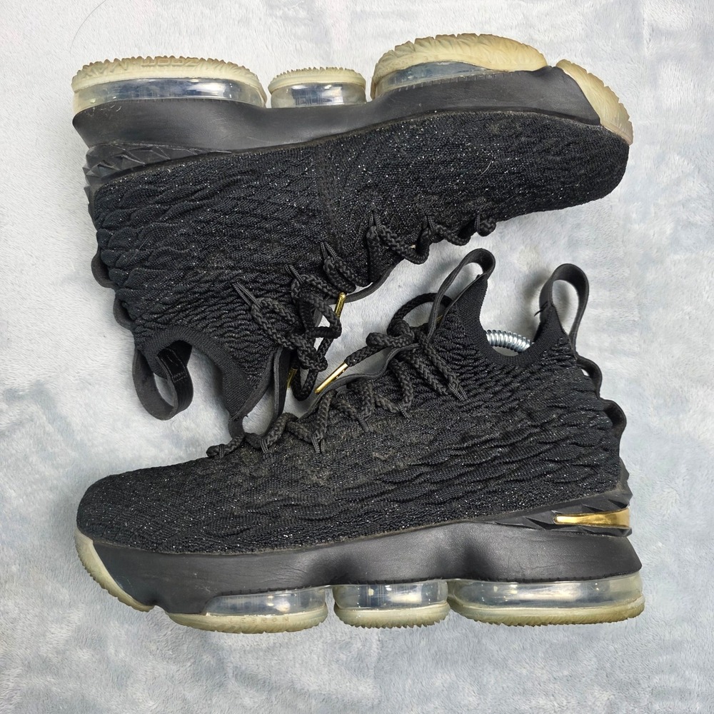 Nike LeBron 15 6Y Black Gold Boys Basketball Shoes BattleKnit High Top Sneaker